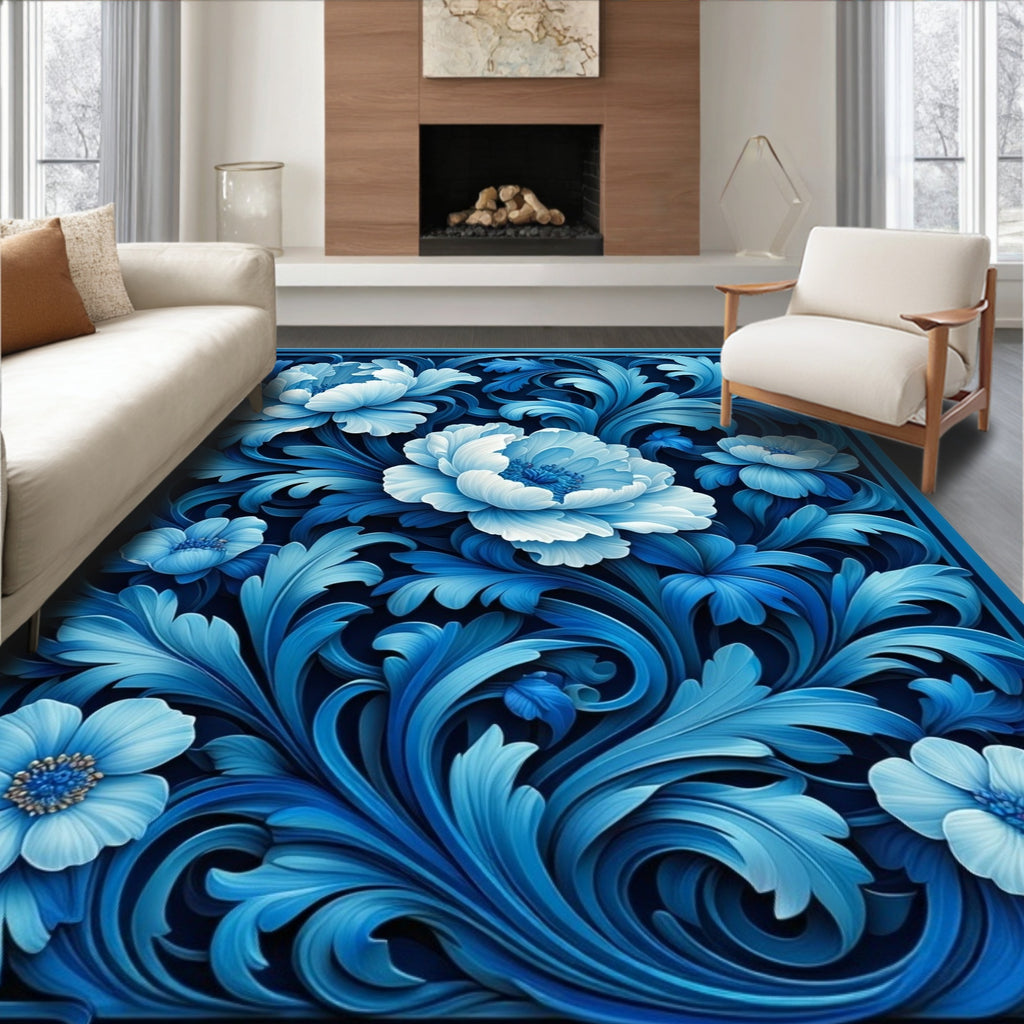Ornate Floral Blue Pattern Rug