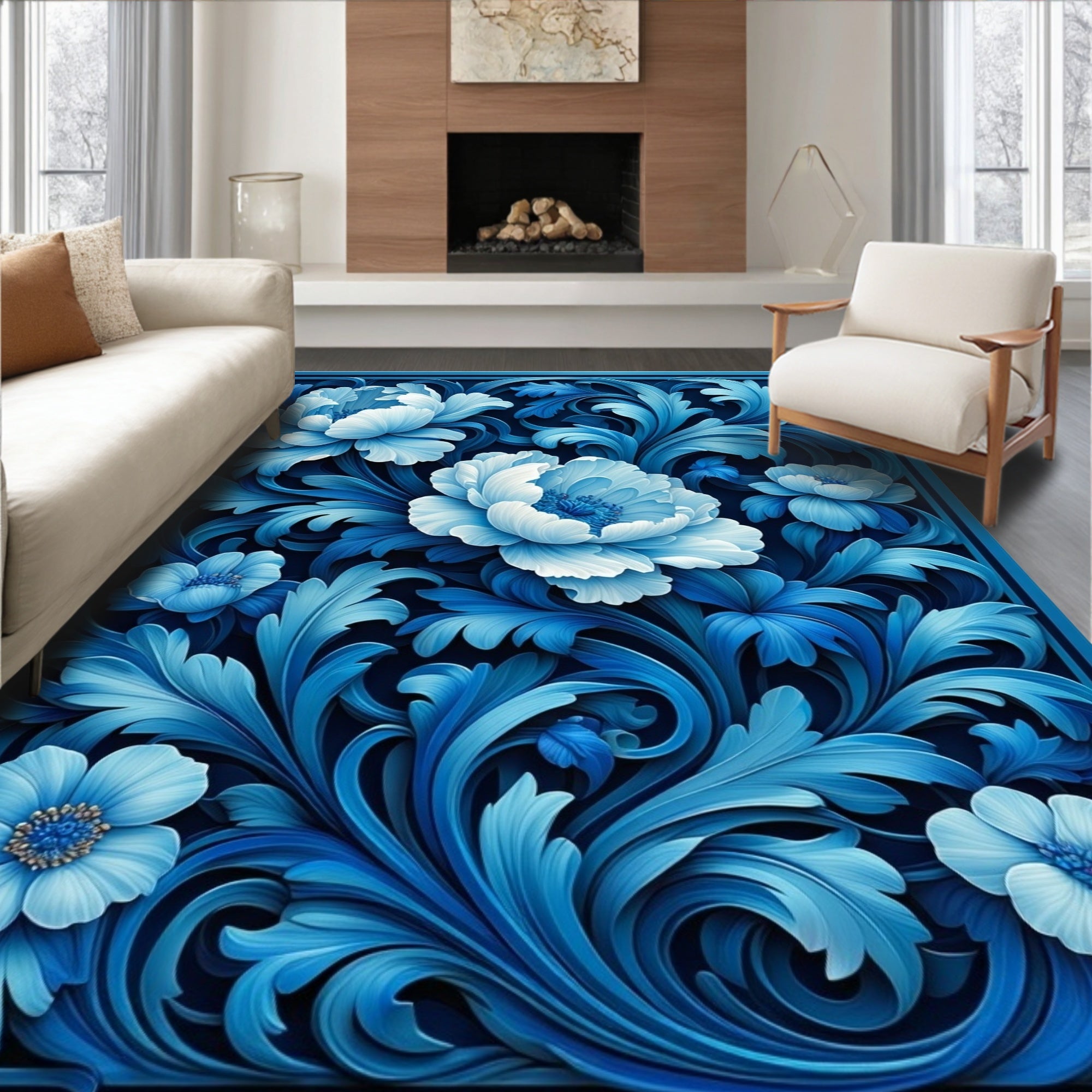 Ornate Floral Blue Pattern Rug
