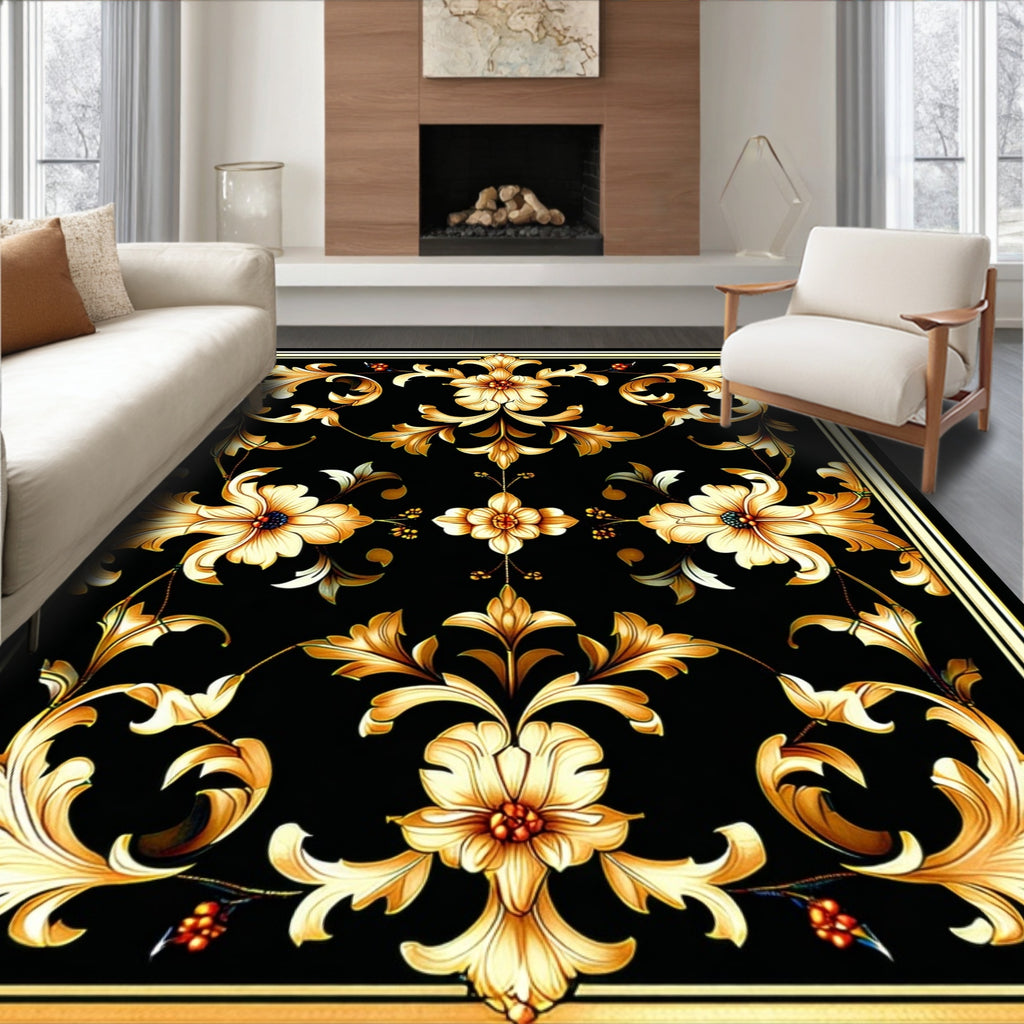 Black Gold Floral Damask Pattern Rug