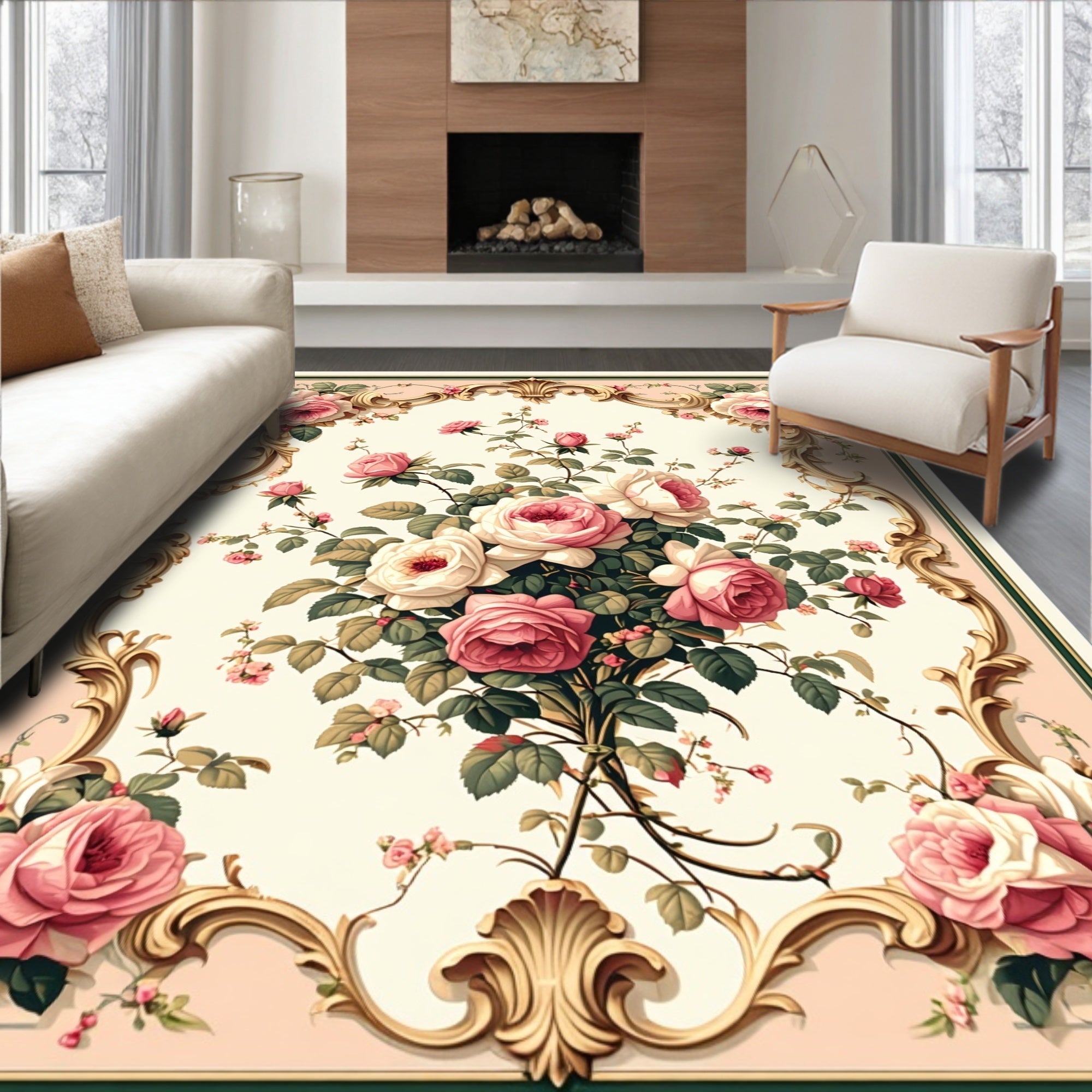 Ornate Rose Garland Scrollwork Design Rug