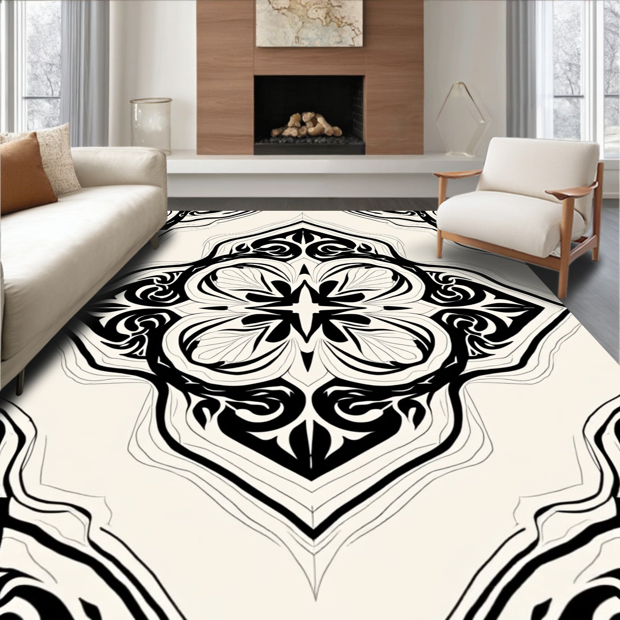 Ornate Black and White Floral Pattern Rug