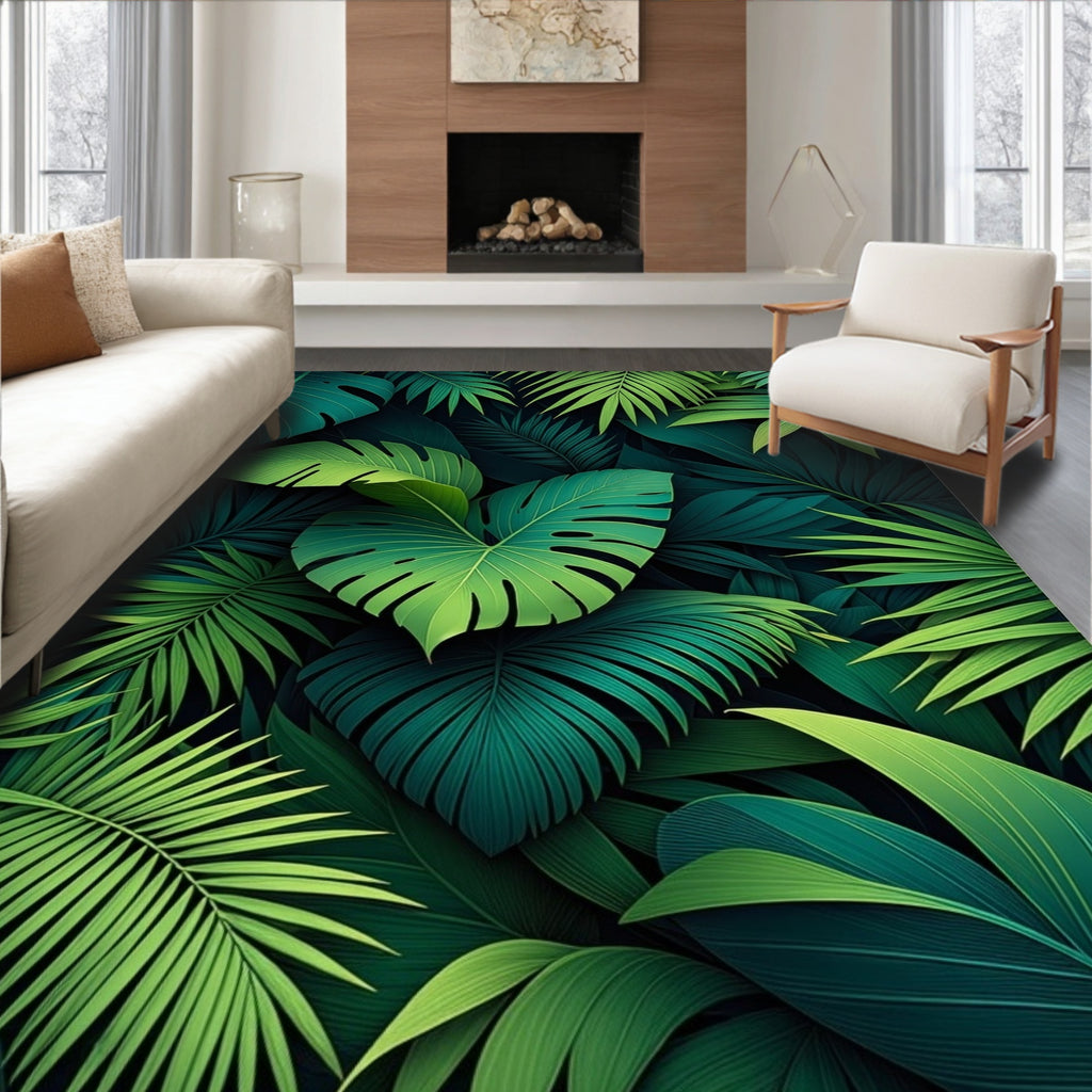 Lush Green Tropical Leaf Pattern Rug