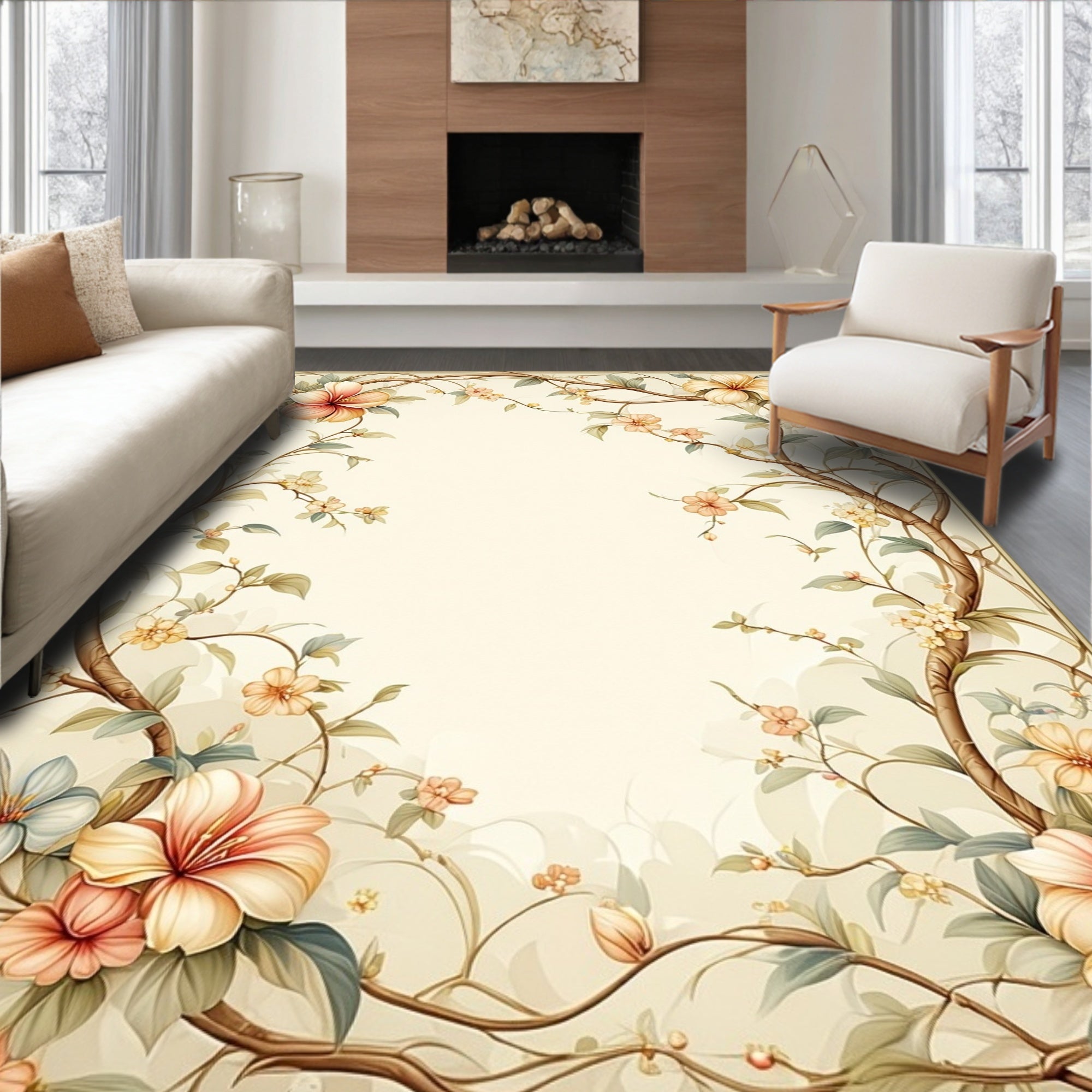 Elegant Floral Vine Botanical Pattern Rug