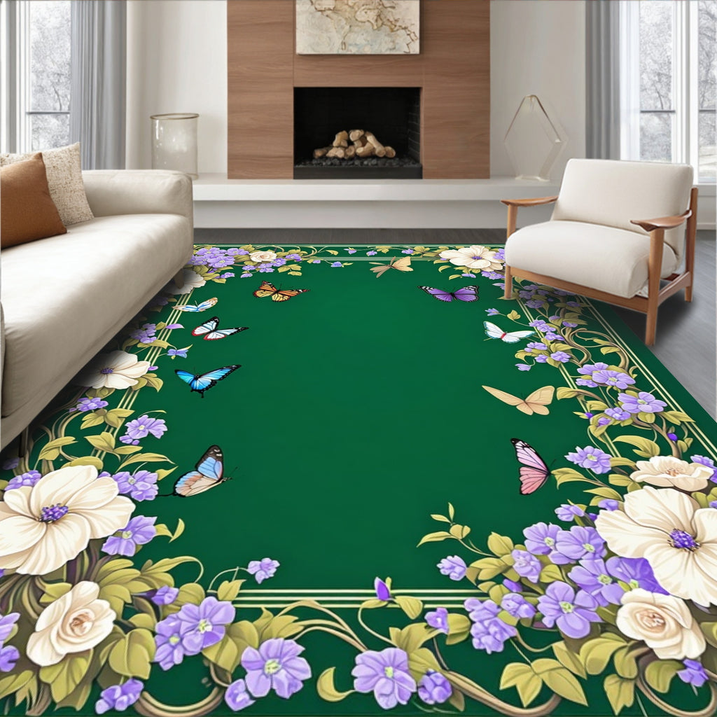 Vibrant Butterfly Floral Border Design Rug
