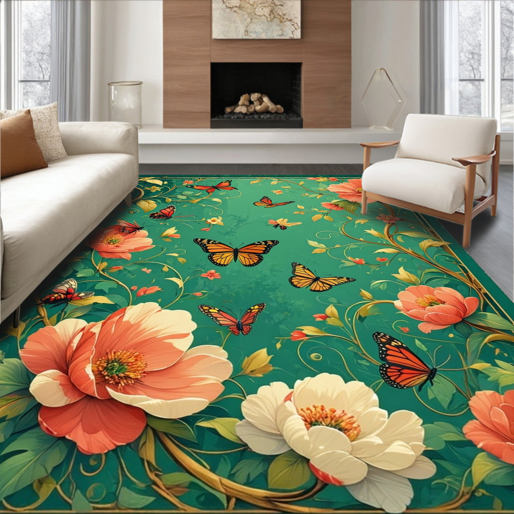 Whimsical Floral Butterfly Patterned Rug