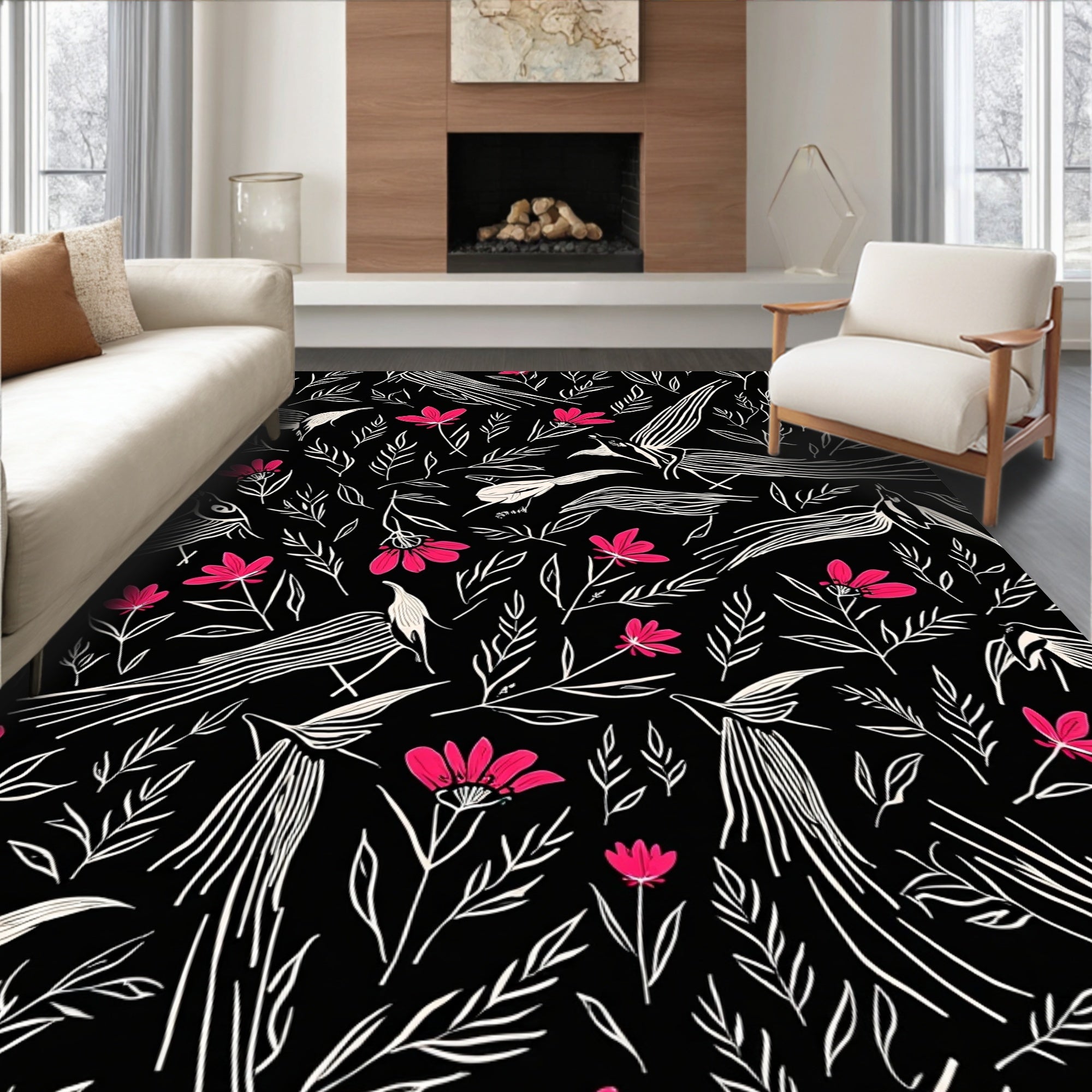 Whimsical Birds and Blossoms Pattern Rug