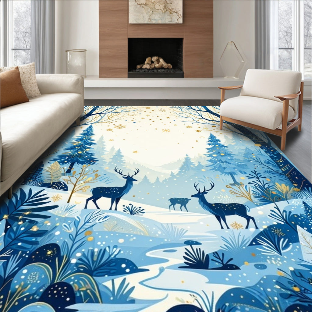 Winter Forest Deer Snowflake Pattern Rug