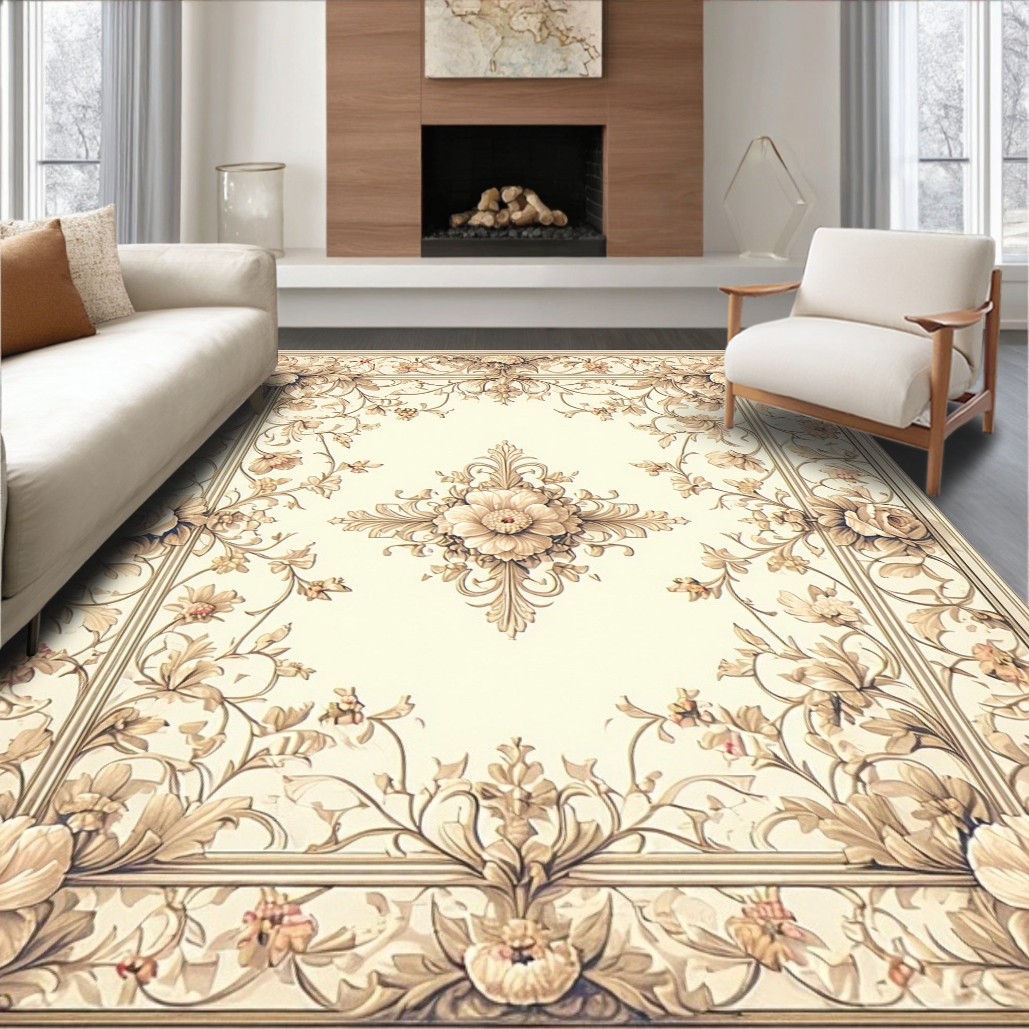 Elegant Floral Scrollwork Cream Rug
