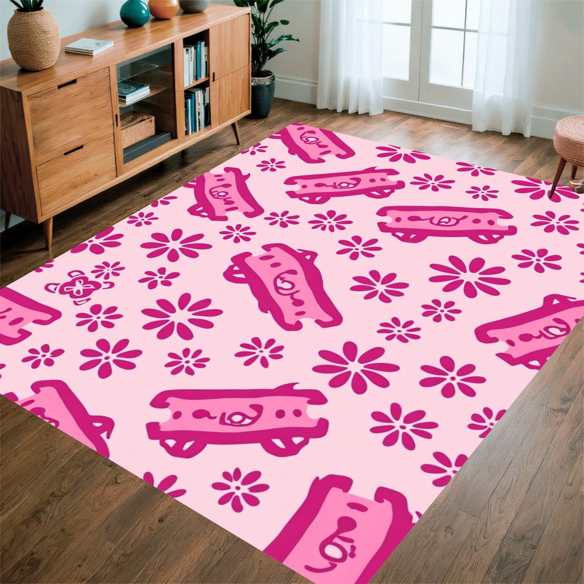 Pink Graphic Flowers And Whimsical Elements Rug