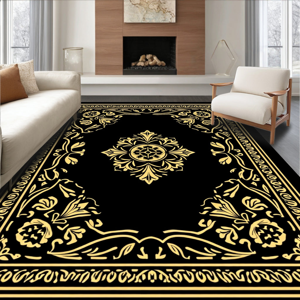 Ornate Golden Floral Centerpiece Design Rug