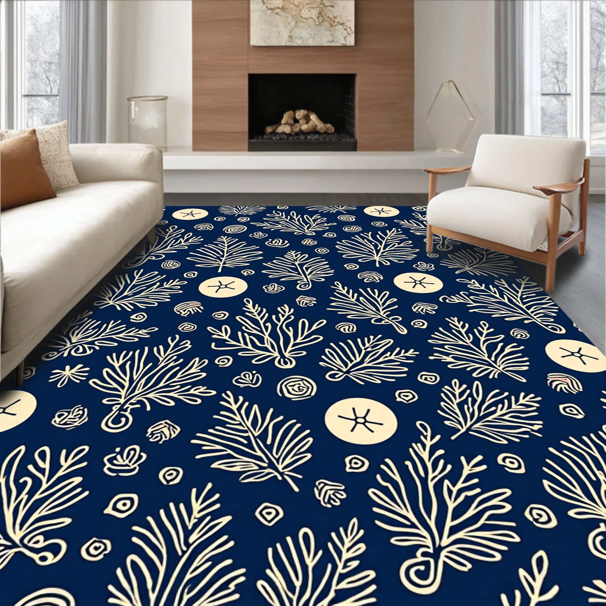 Navy Botanical Floral Motif Rug