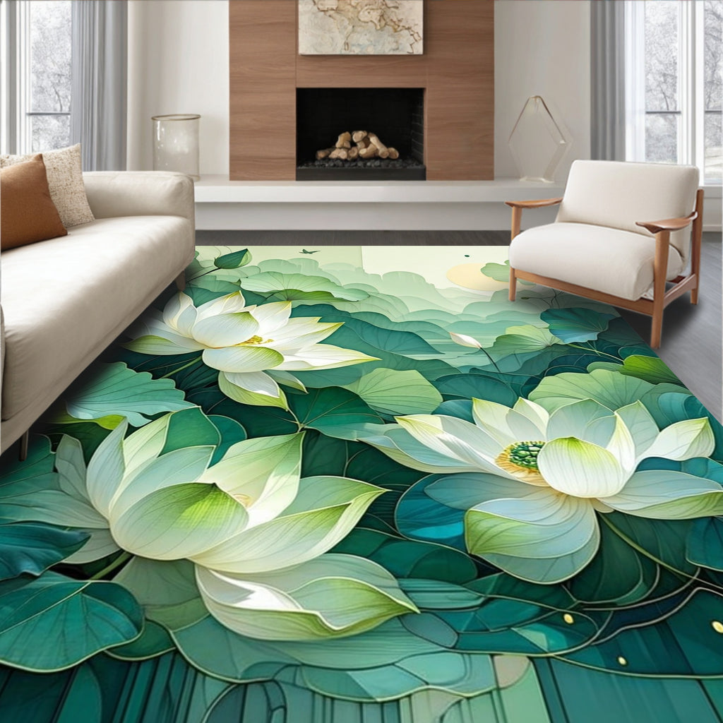 Serene White Lotus Pond Garden Design Rug