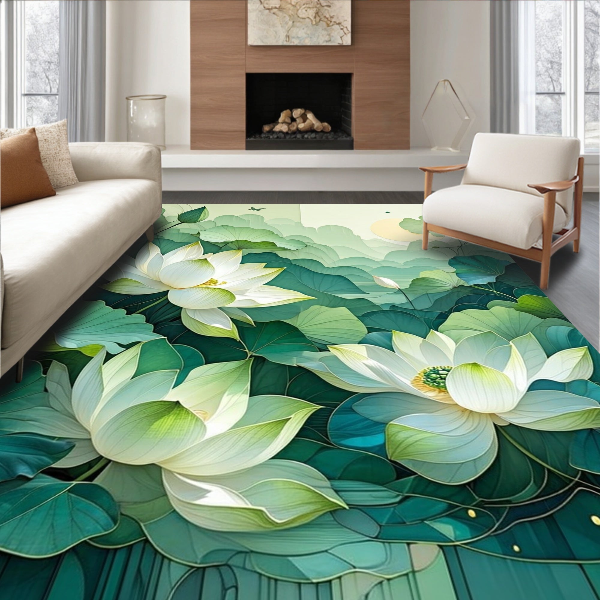 Serene White Lotus Pond Garden Design Rug