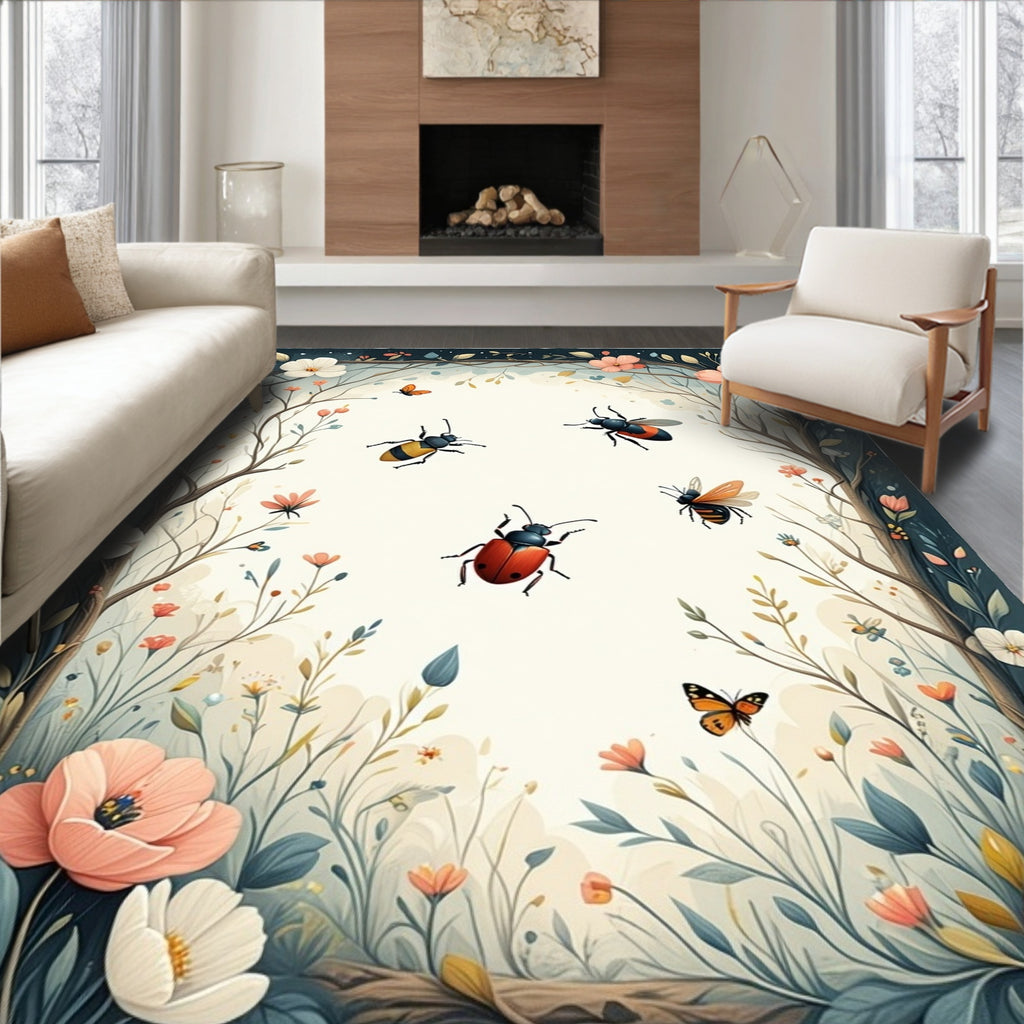 Whimsical Spring Garden Insects Flowers Rug