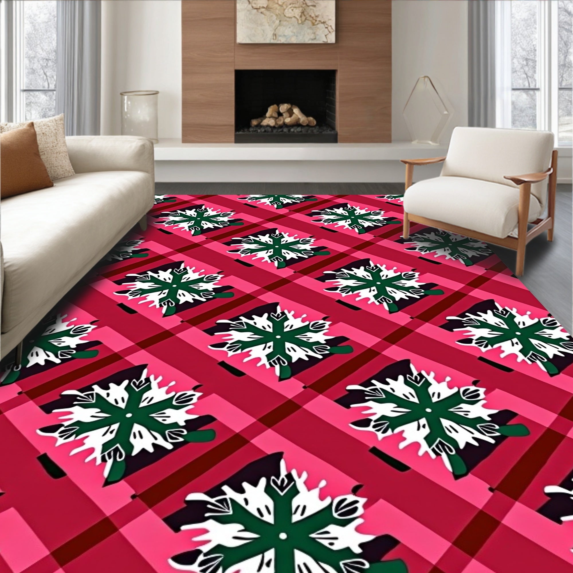 Crimson Plaid Snowflake Collage Rug