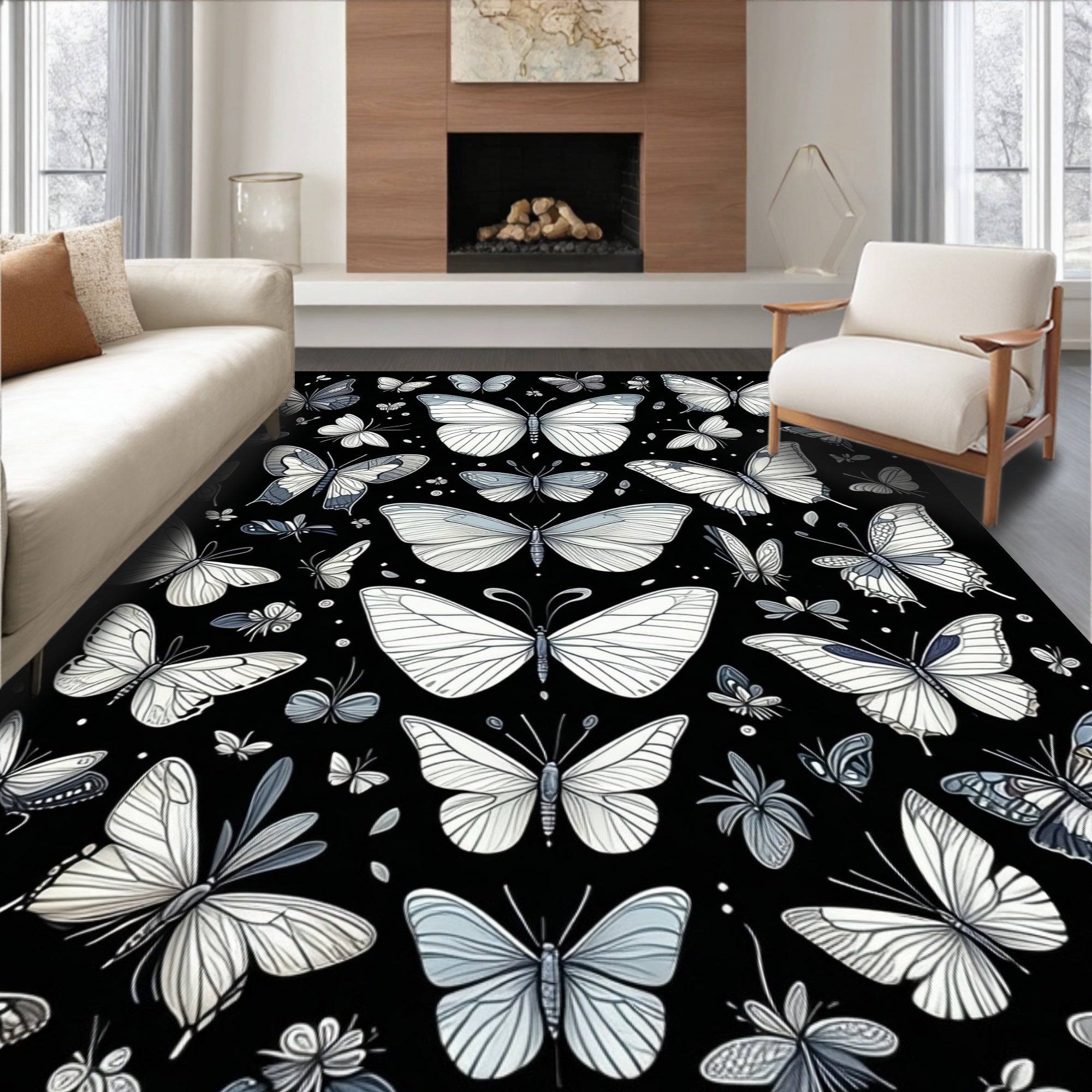 Monochrome Butterfly Garden Pattern Rug