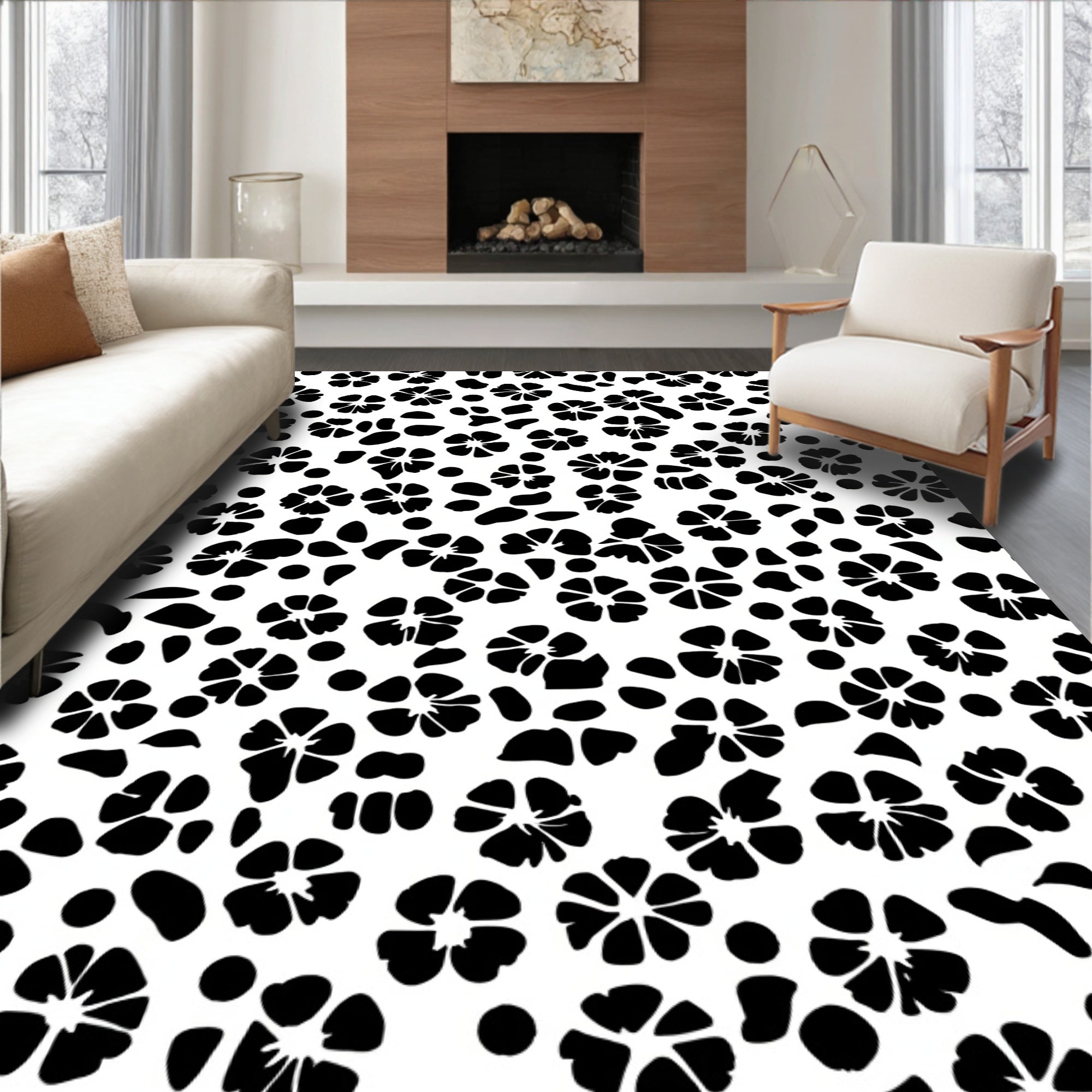 Black White Floral Scatter Design Rug