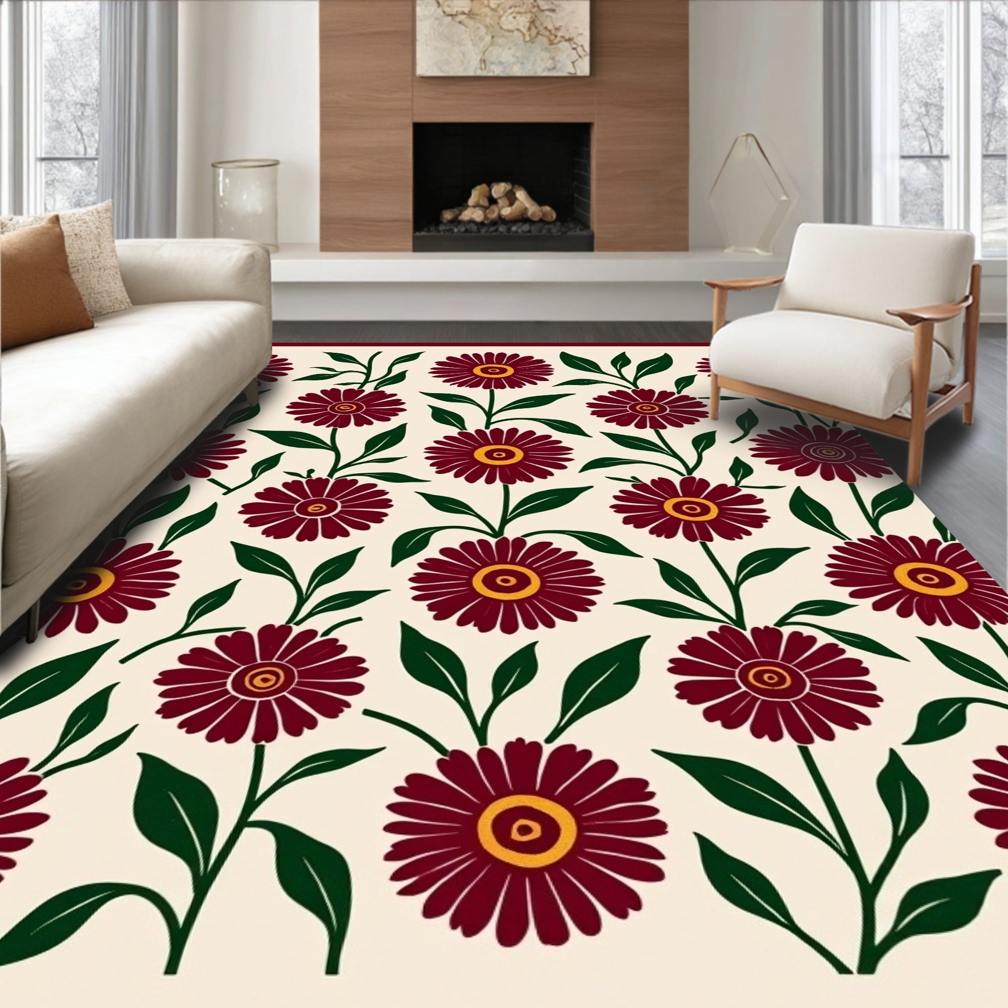 Crimson Floral Pattern Rug