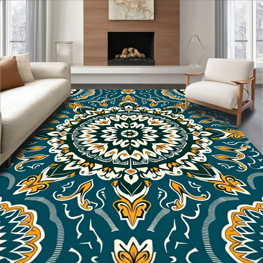 Teal White Gold Burst Mandala Rug