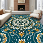 Teal White Gold Burst Mandala Rug