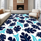 Deep Blue Tropical Leaf Pattern Rug