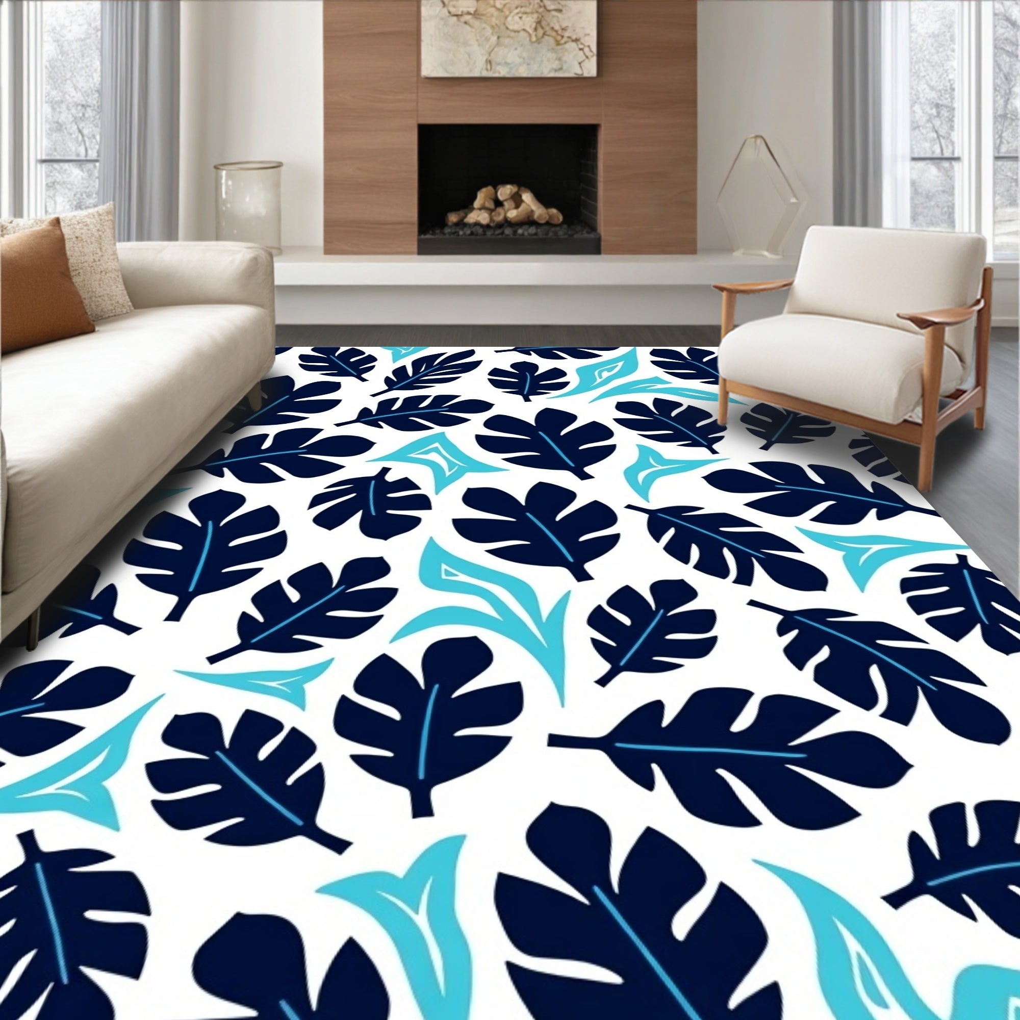 Deep Blue Tropical Leaf Pattern Rug