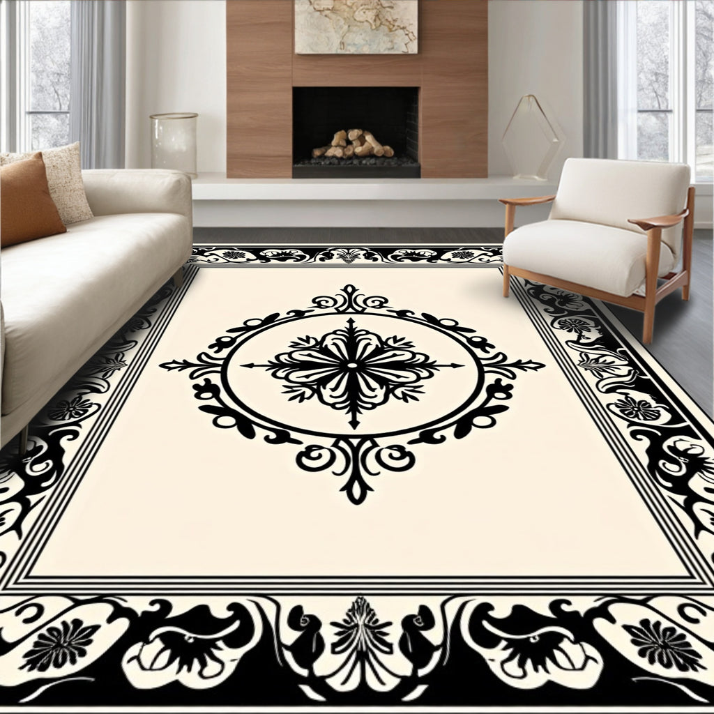 Classic Black Ivory Floral Medallion Design Rug
