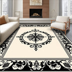 Classic Black Ivory Floral Medallion Design Rug