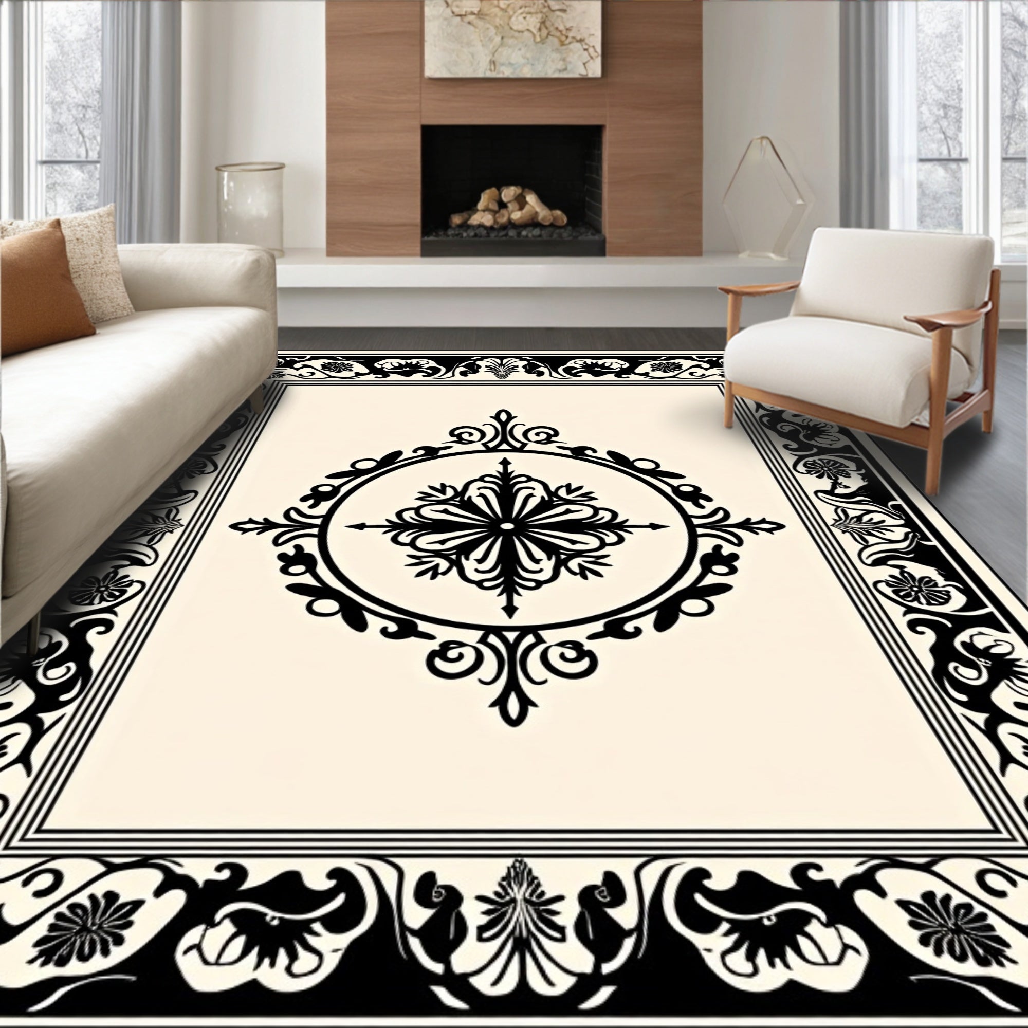 Classic Black Ivory Floral Medallion Design Rug