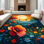 Vibrant Poppy Field Under Amber Moon Rug
