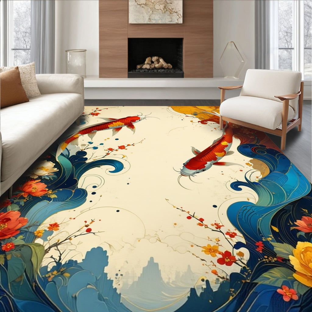 Flowing Koi Fish Floral Waves Pattern Rug