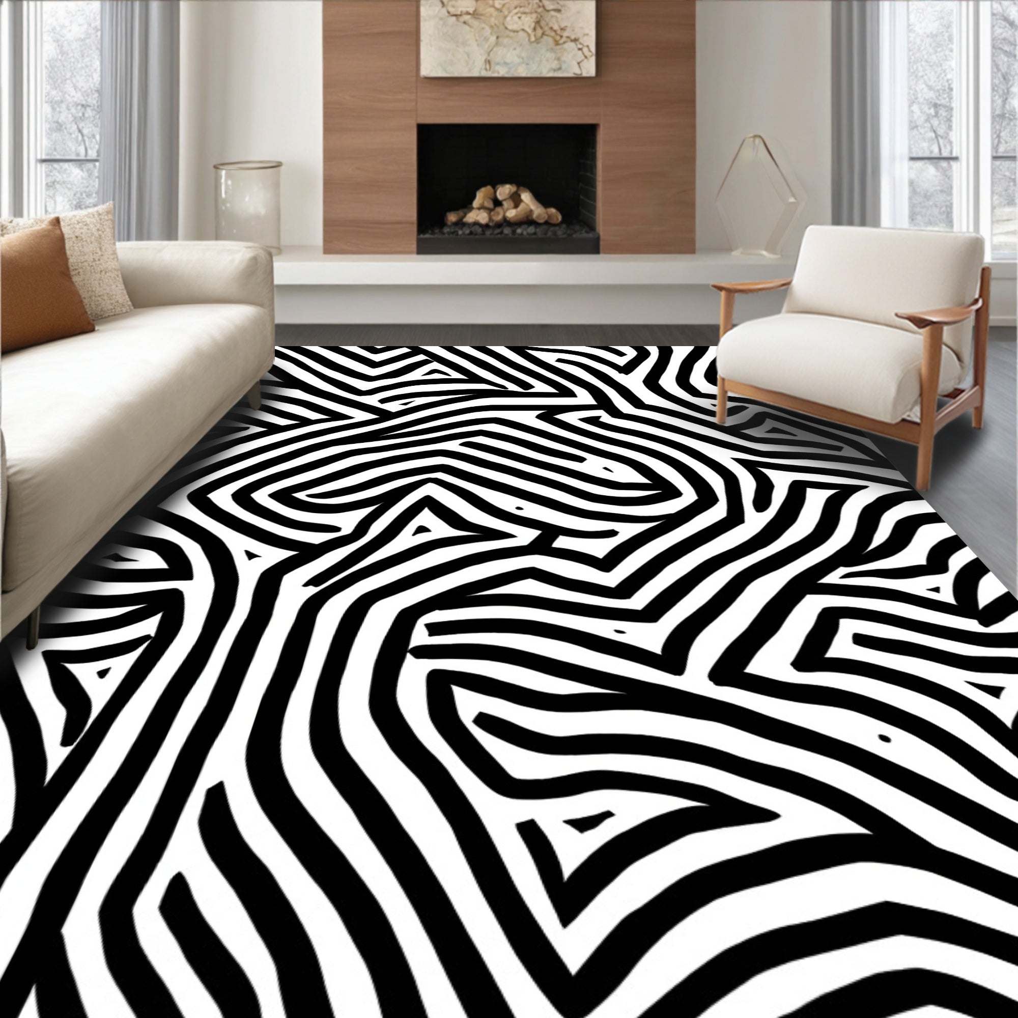 Bold Black White Maze Pattern Rug
