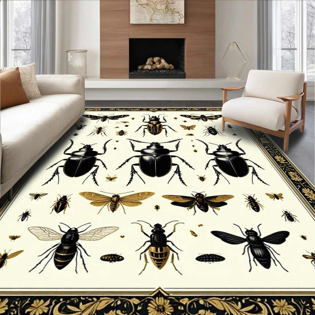 Insect Botanical Golden Frame Design Rug