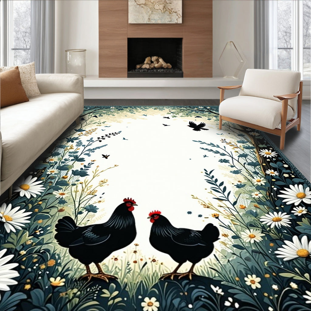 Chickens Daisies Forest Border Design Rug