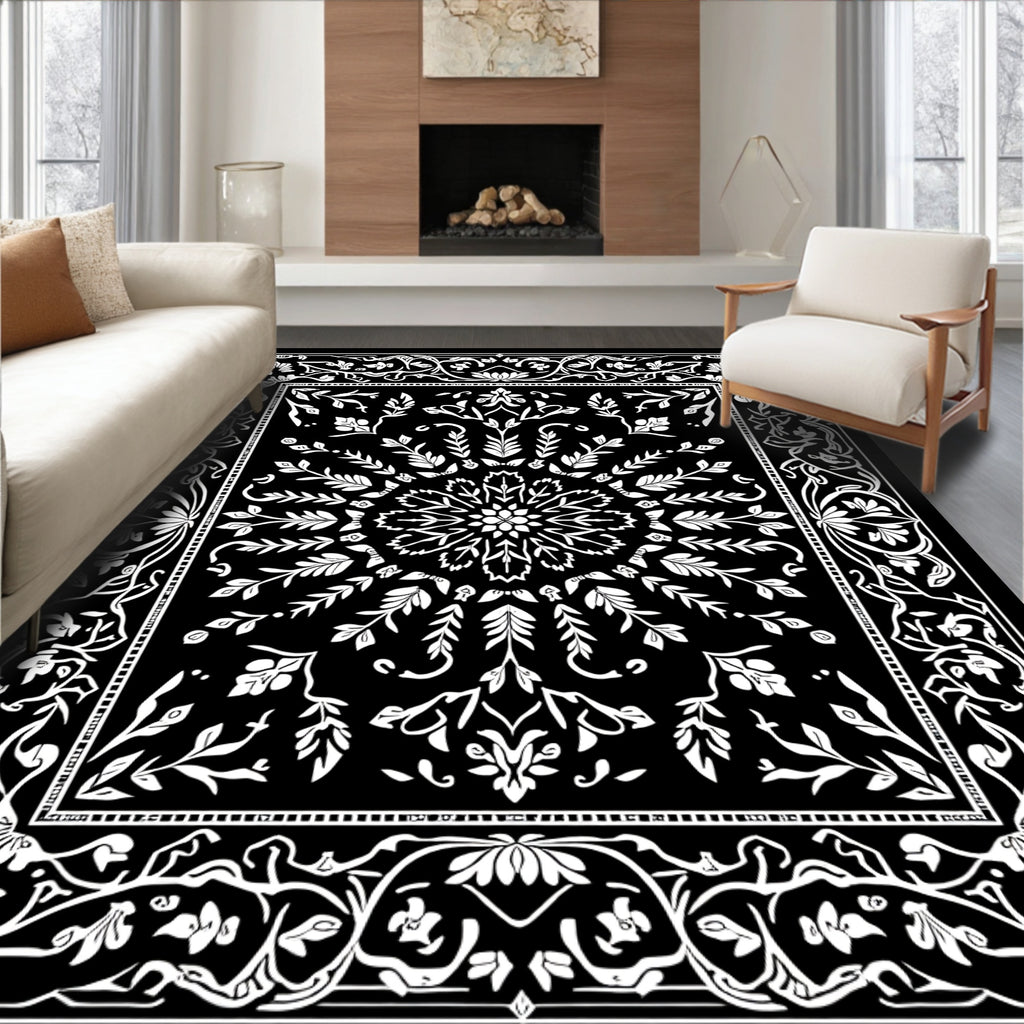Elegant Black White Floral Medallion Rug