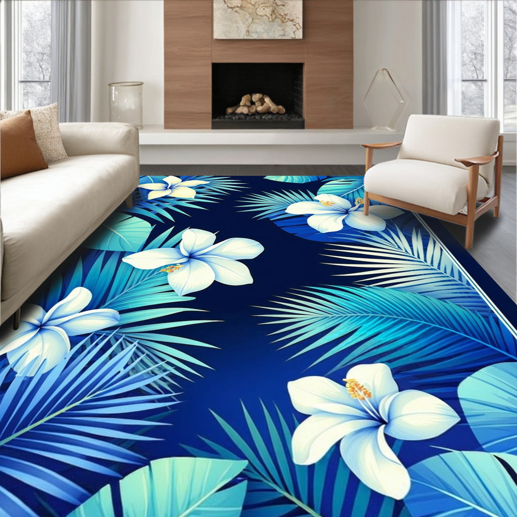 Tropical White Hibiscus Leaf Pattern Rug