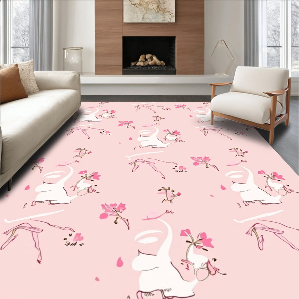 Whimsical Pink Ballet Floral Design Rug