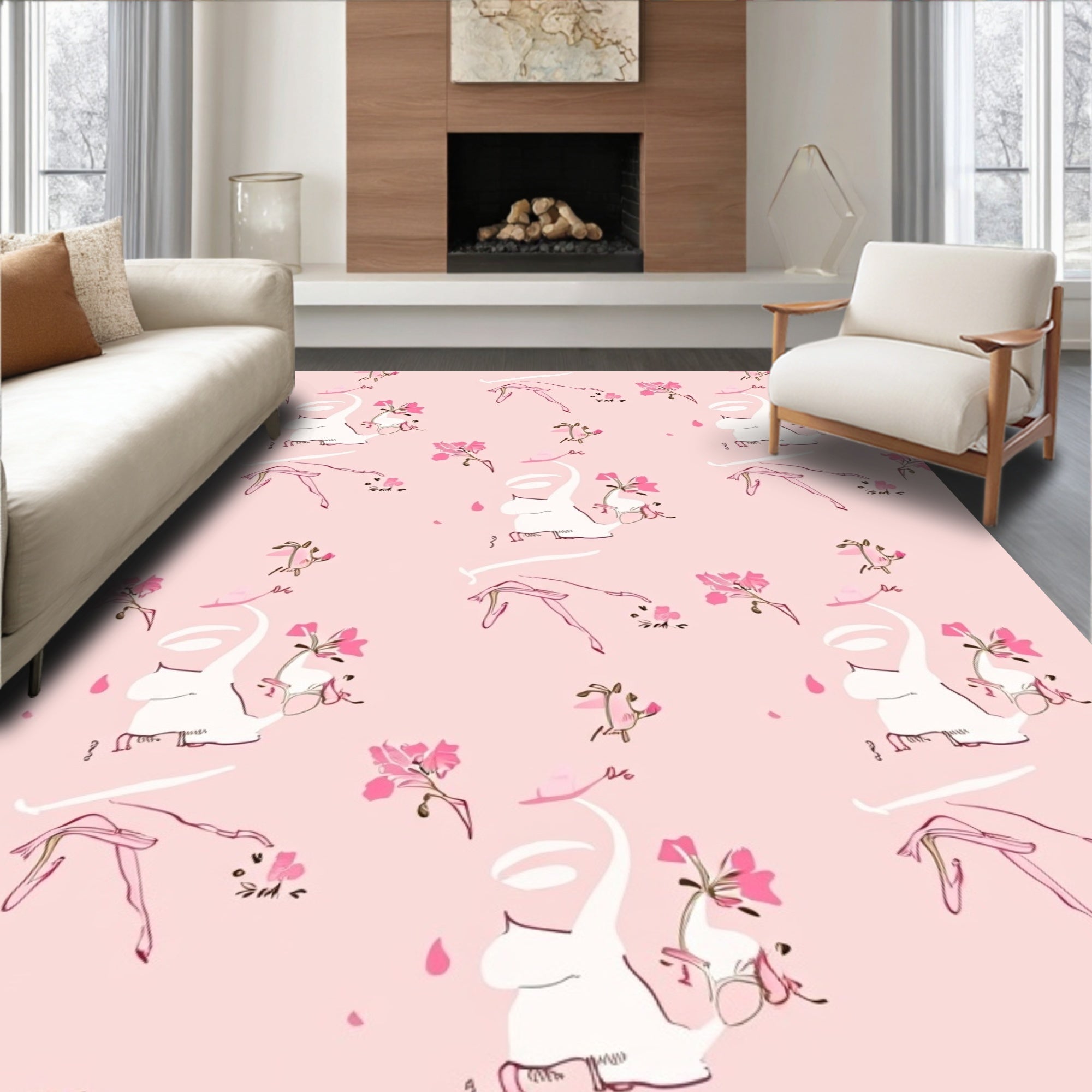 Whimsical Pink Ballet Floral Design Rug