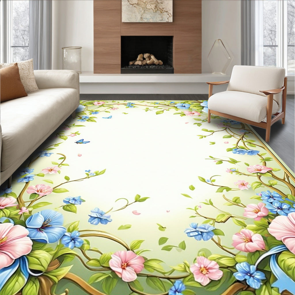 Whimsical Floral Butterfly Scene Rug