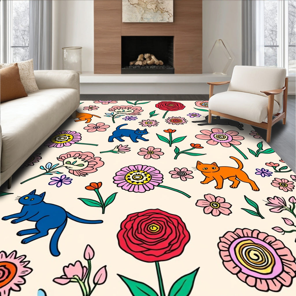 Whimsical Floral Cat Pattern Design Rug