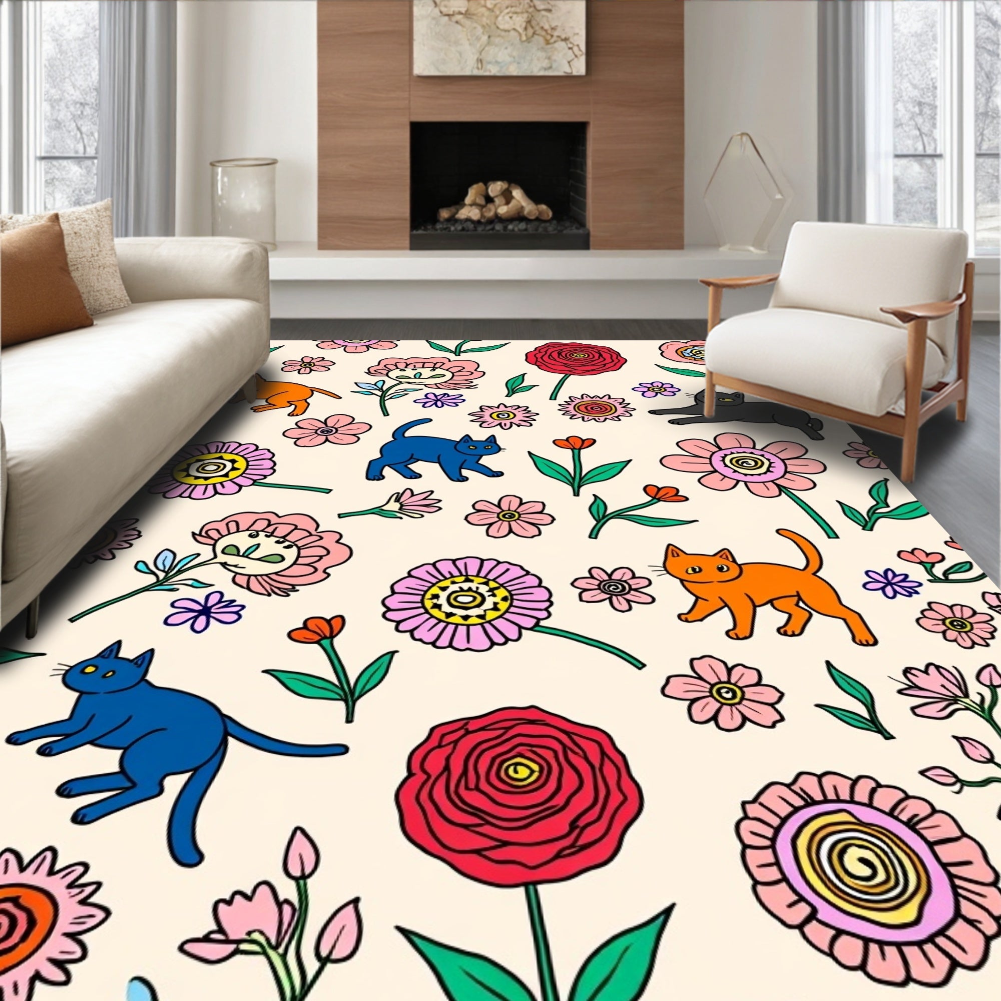 Whimsical Floral Cat Pattern Design Rug