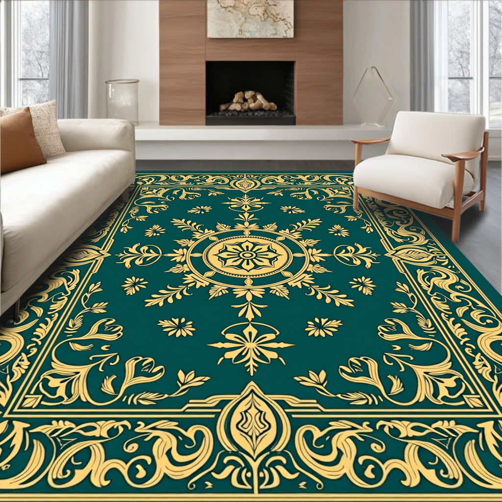 Ornate Teal Golden Floral Medallion Rug