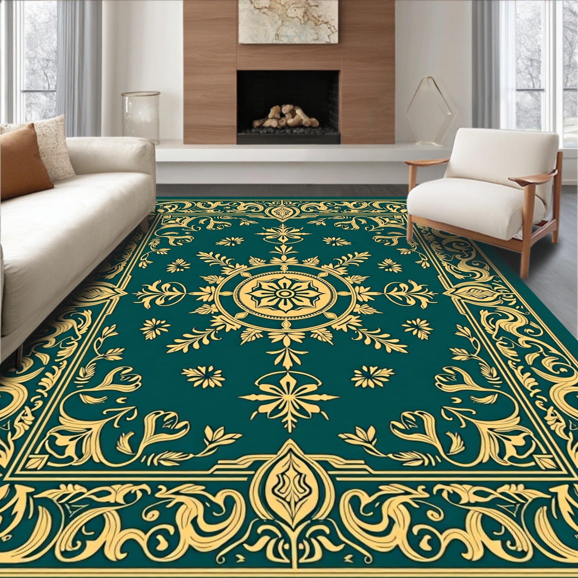 Ornate Teal Golden Floral Medallion Rug