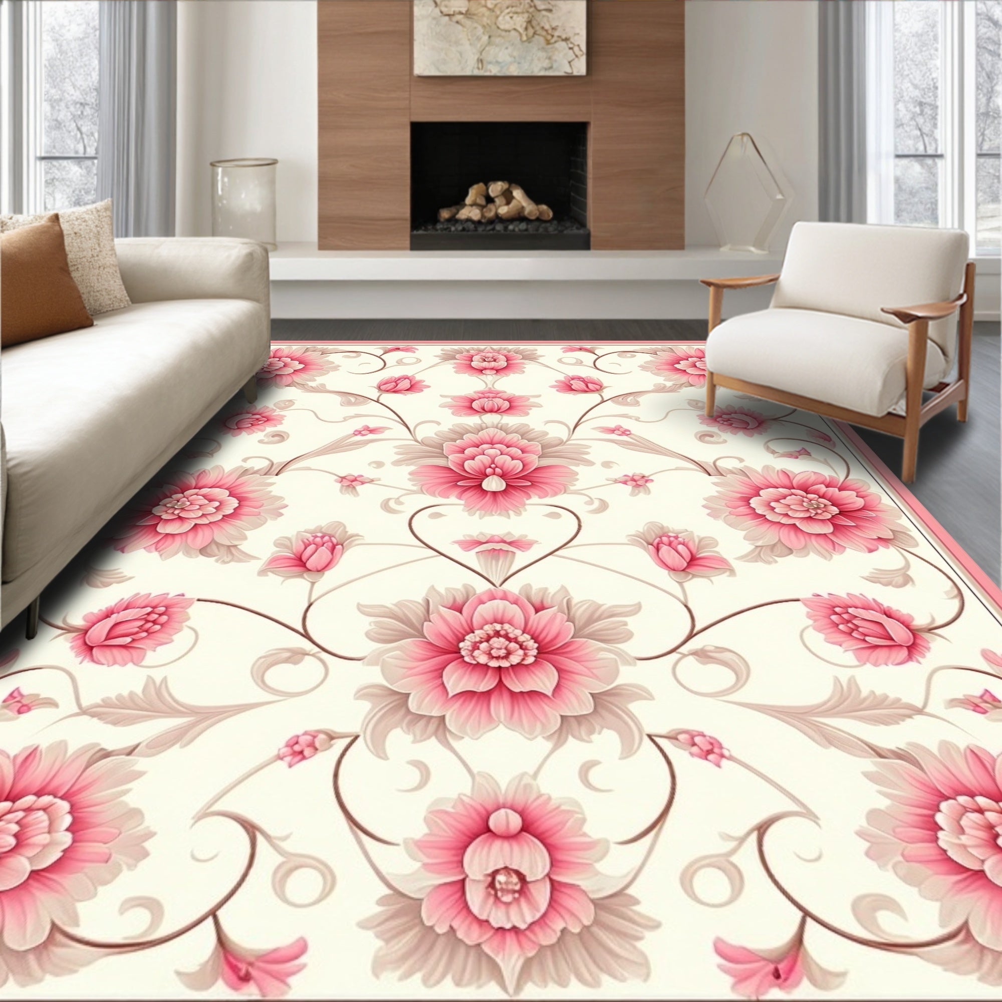 Elegant Pink Floral Vine Design Rug