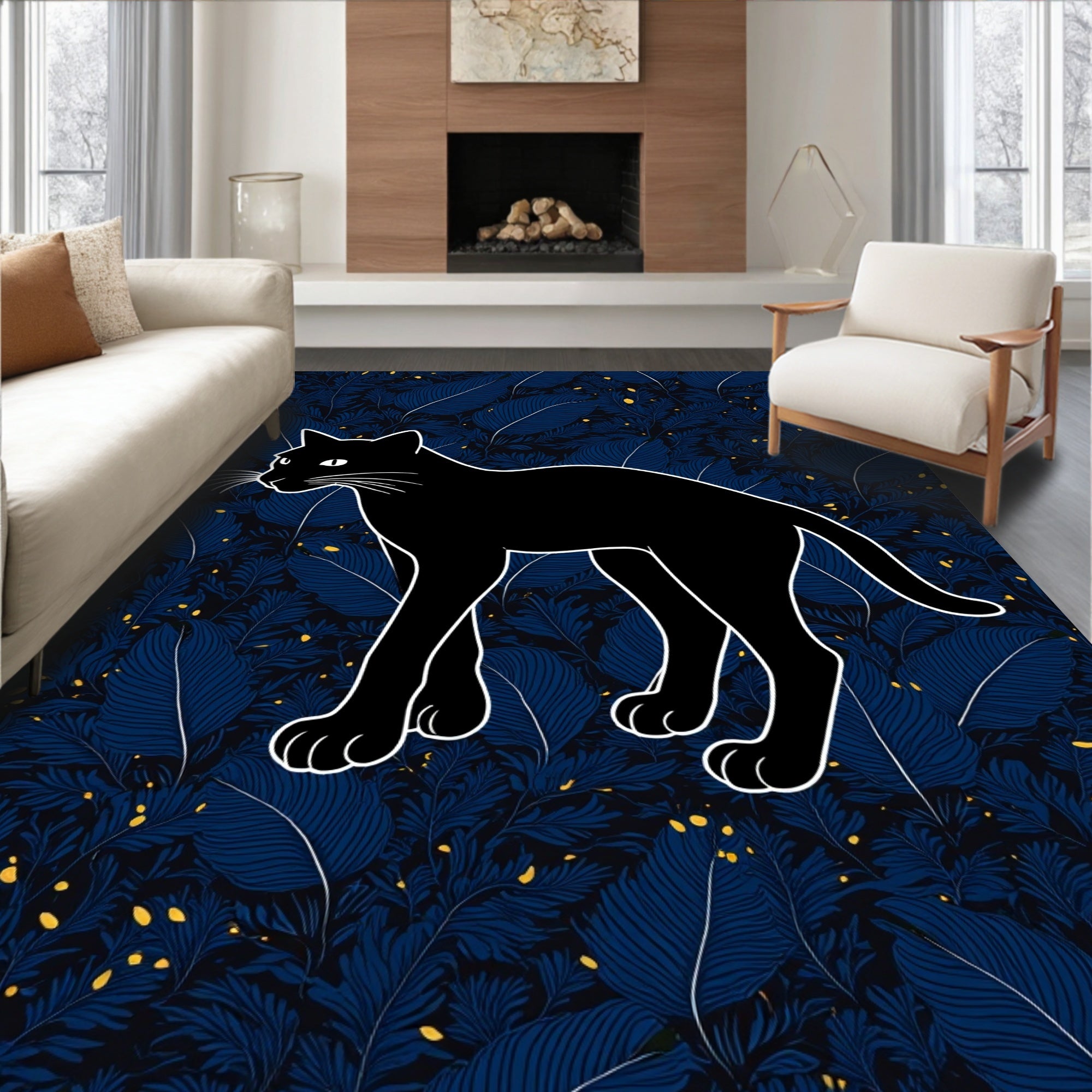 Black Cat In Jungle Pattern Rug