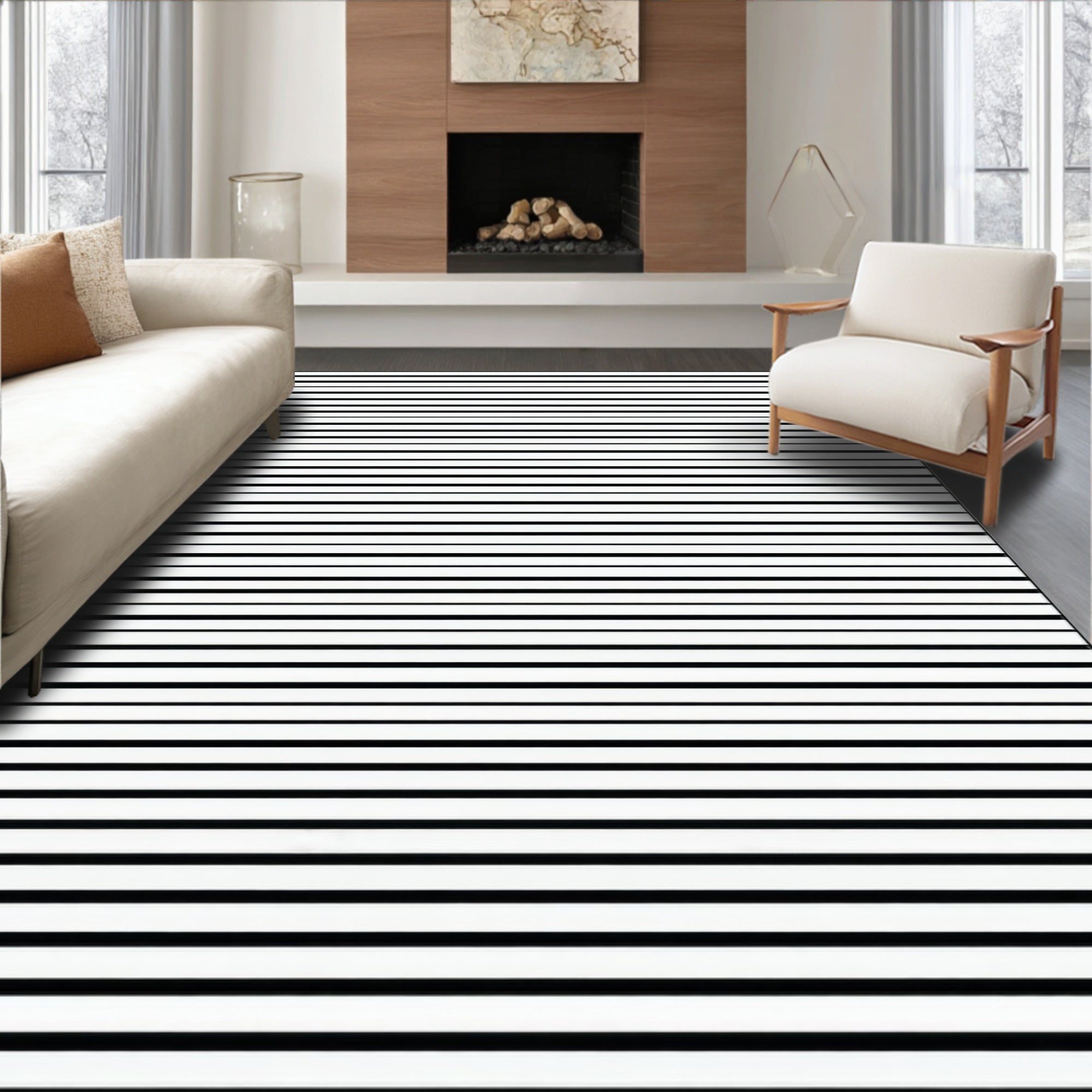 Bold Black White Striped Pattern Rug