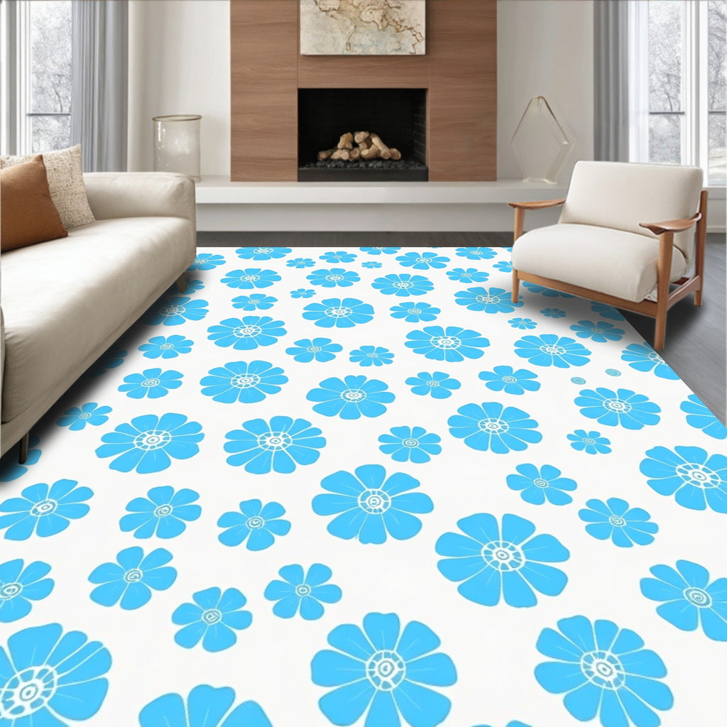 Bright Blue Floral Pattern Design Rug