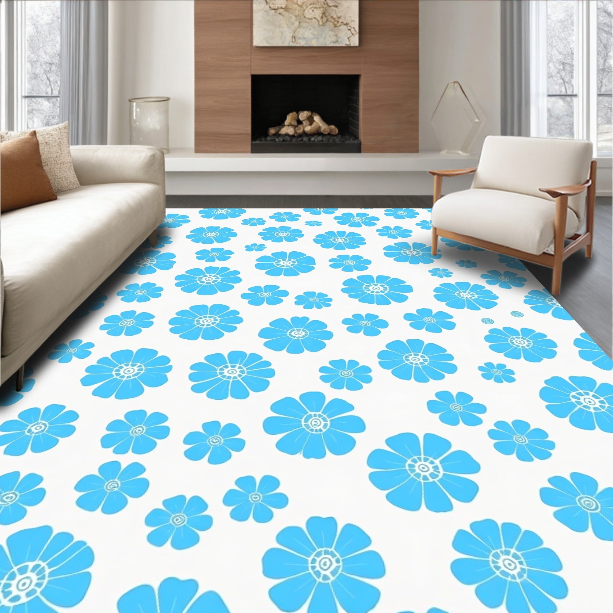 Bright Blue Floral Pattern Design Rug