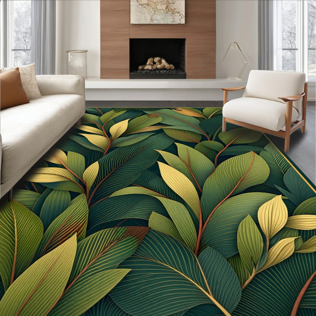 Tropical Leaf Pattern With Gold Accents Rug