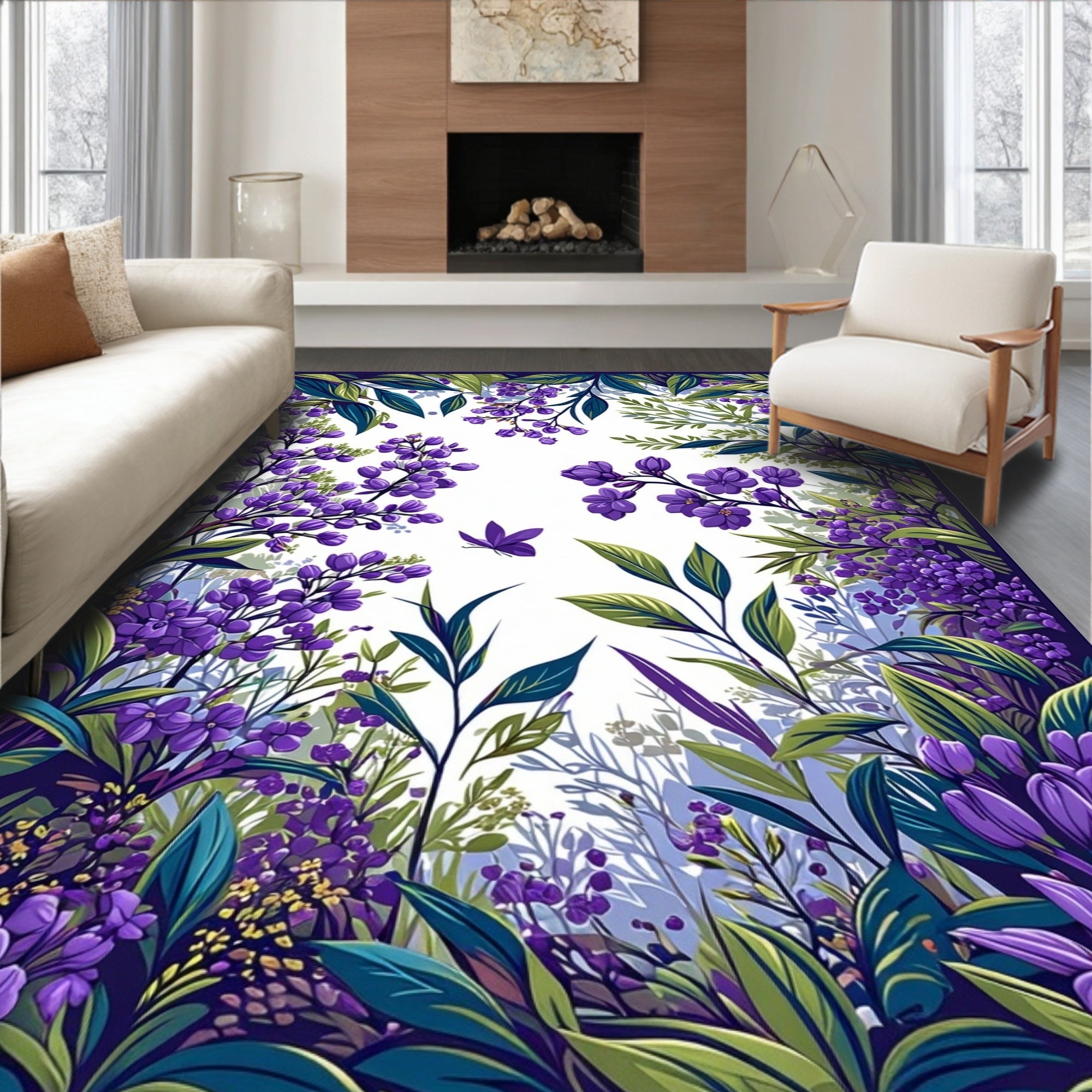 Vibrant Purple Floral Botanical Garden Rug